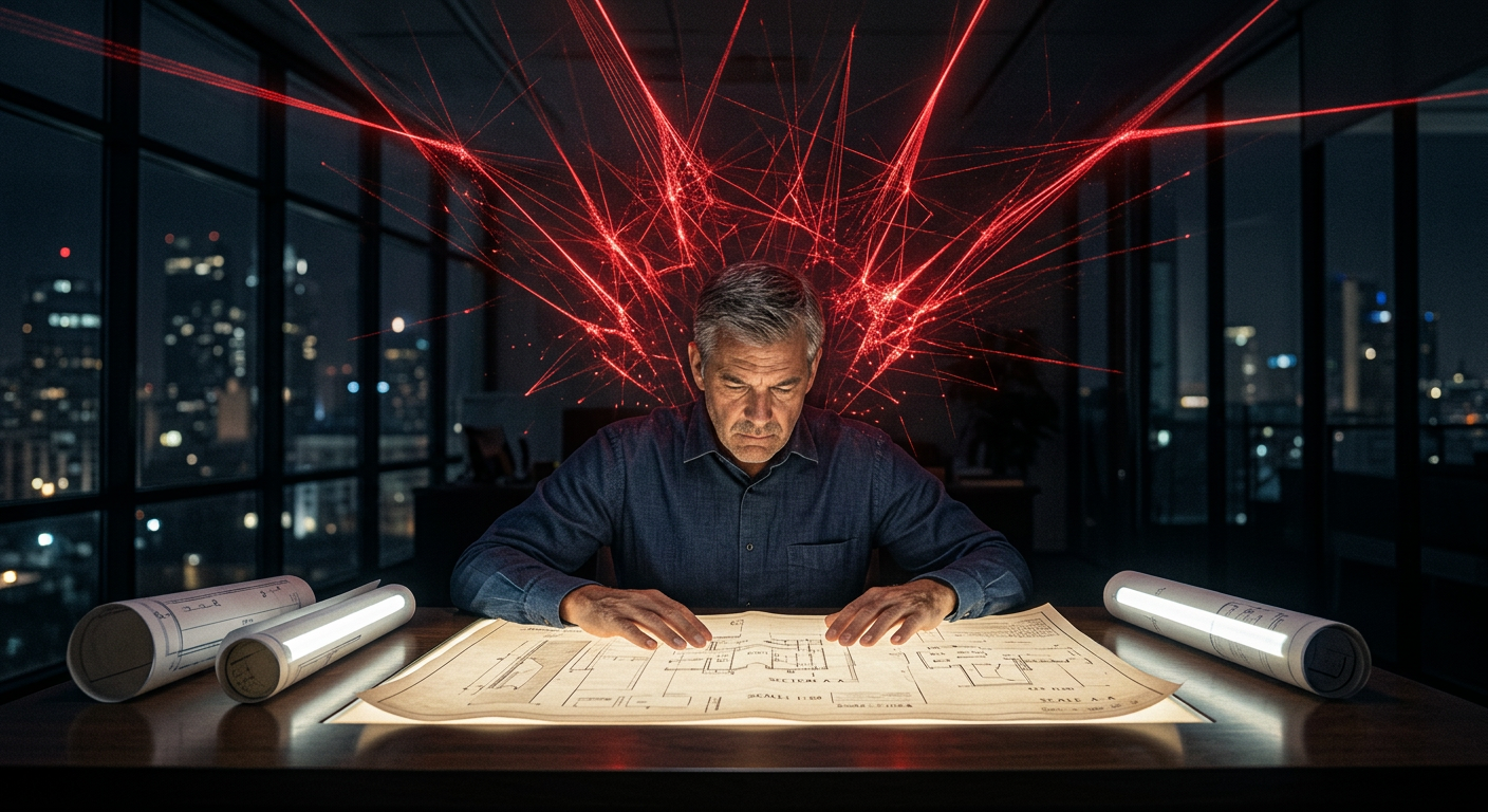 Persona seduta alla scrivania con la testa tra le mani, circondato da post-it e schermi accesi, luce fredda e atmosfera di stanchezza profonda